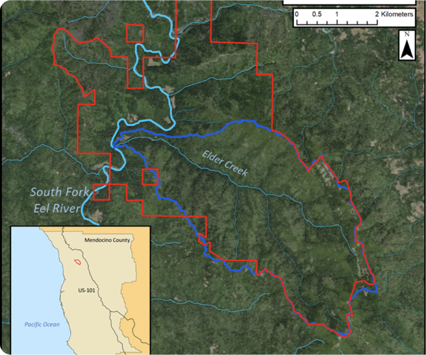 GIS map with stream and property boundary overlays.
